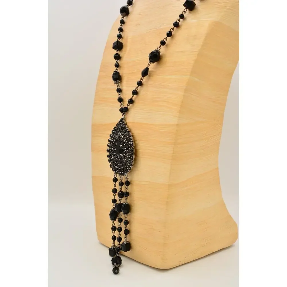 Coldwater Creek Vintage Black Rhinestone Teardrop Tassel Statement Necklace BinY